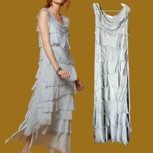 Scandal 100% Silk Layered Tiered Maxi Dress Whimsigothical M Silver Gray Italy
